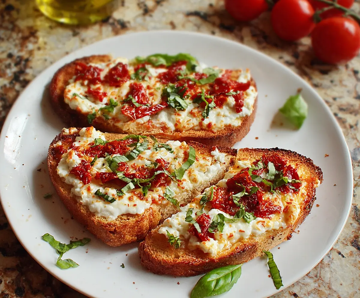 Delicious Cottage Cheese Pizza Toast topped with fresh ingredients and melty cheese, perfect for a quick snack.