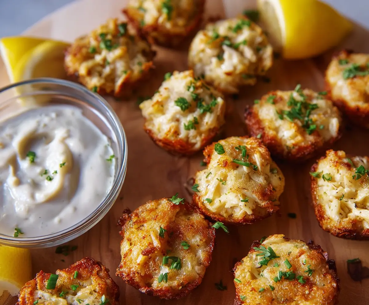 Delicious crab cake bites served with fresh herbs on a white plate, perfect for appetizers.
