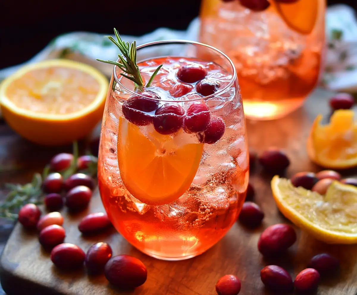 Refreshing Cranberry Aperol Spritz cocktail garnished with fresh cranberries and orange slices, served in a clear glass.