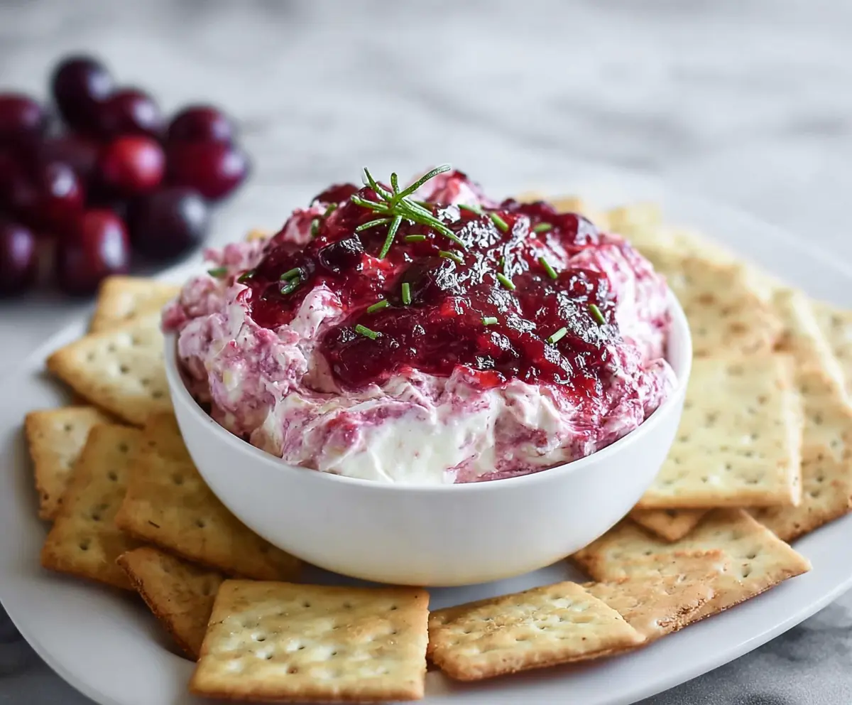 Creamy cranberry and cream cheese dip garnished with fresh cranberries and herbs for a festive appetizer.