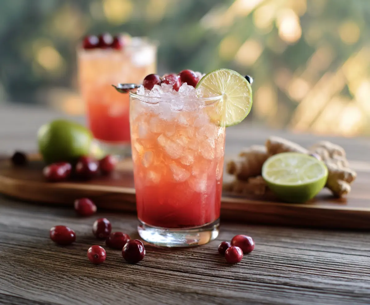 Refreshing Cranberry Ginger Paloma cocktail garnished with fresh cranberries and a lime wedge.