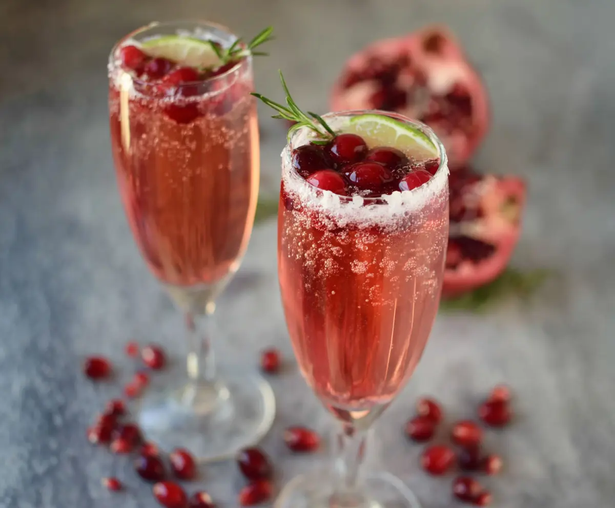 Refreshing Cranberry Prosecco Pomegranate Cocktail served in a glass with fresh cranberries and pomegranate seeds.