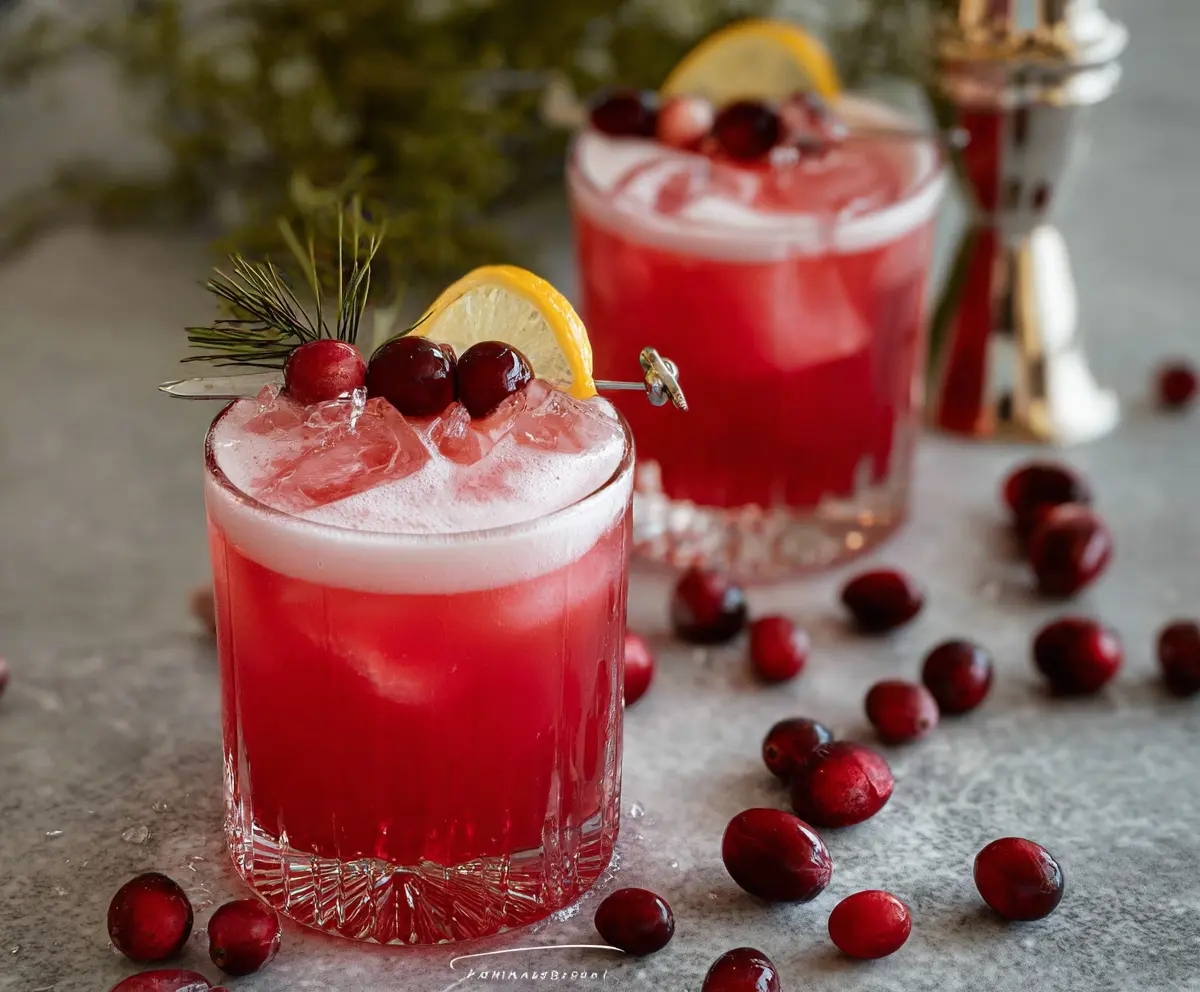 Refreshing Cranberry Whiskey Sour cocktail with fresh cranberries and a lemon slice.