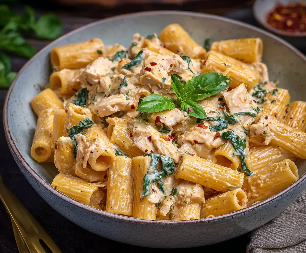 Delicious creamy chicken rigatoni pasta with a rich, cheesy sauce and tender chicken pieces.