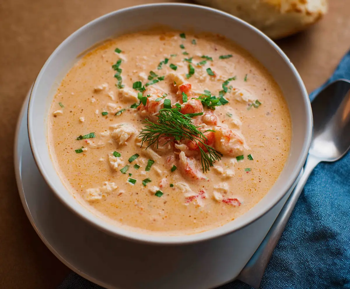 Creamy crab and shrimp seafood bisque served in a bowl, garnished with fresh herbs.