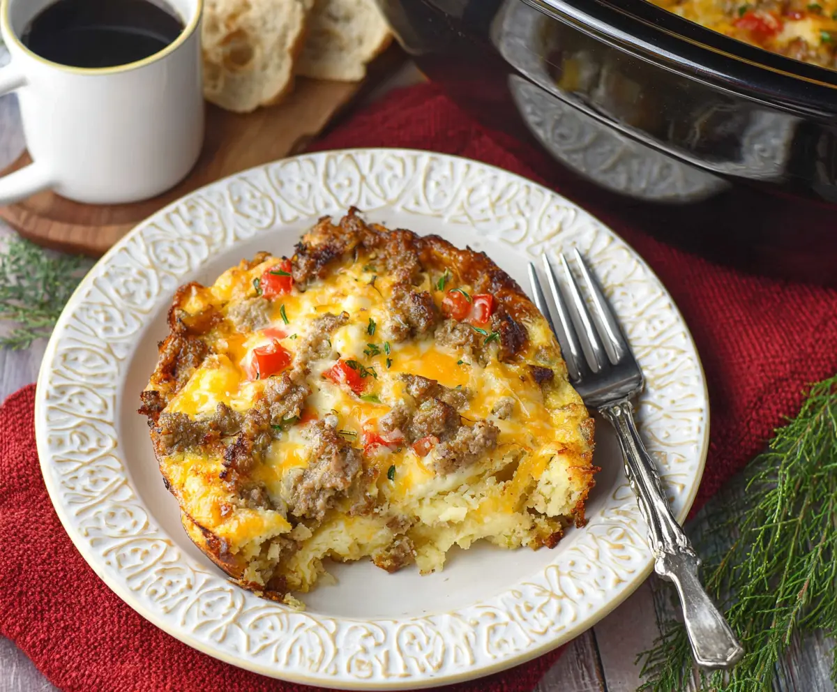 Delicious Crockpot Christmas Breakfast Casserole with eggs, cheese, and sausage in a festive holiday setting