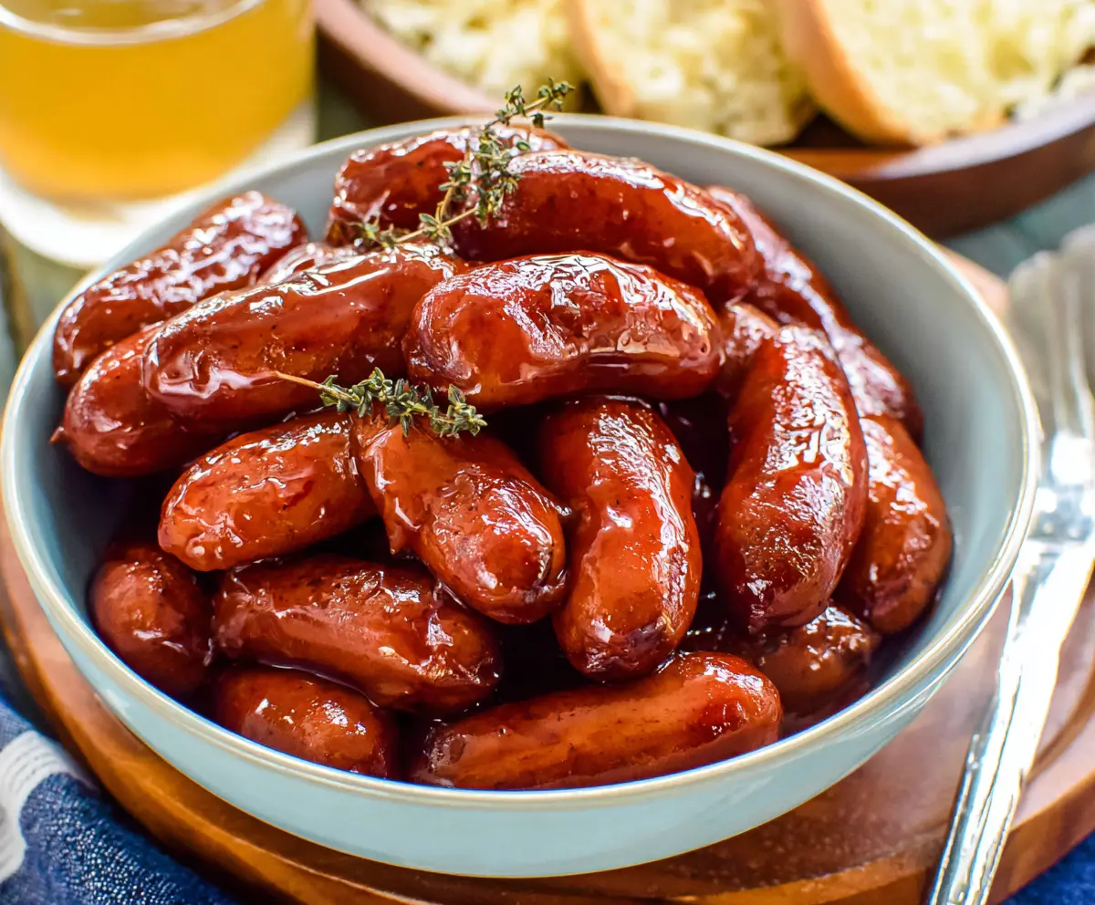 Delicious crockpot little smokies wrapped in bacon, served as a savory appetizer.