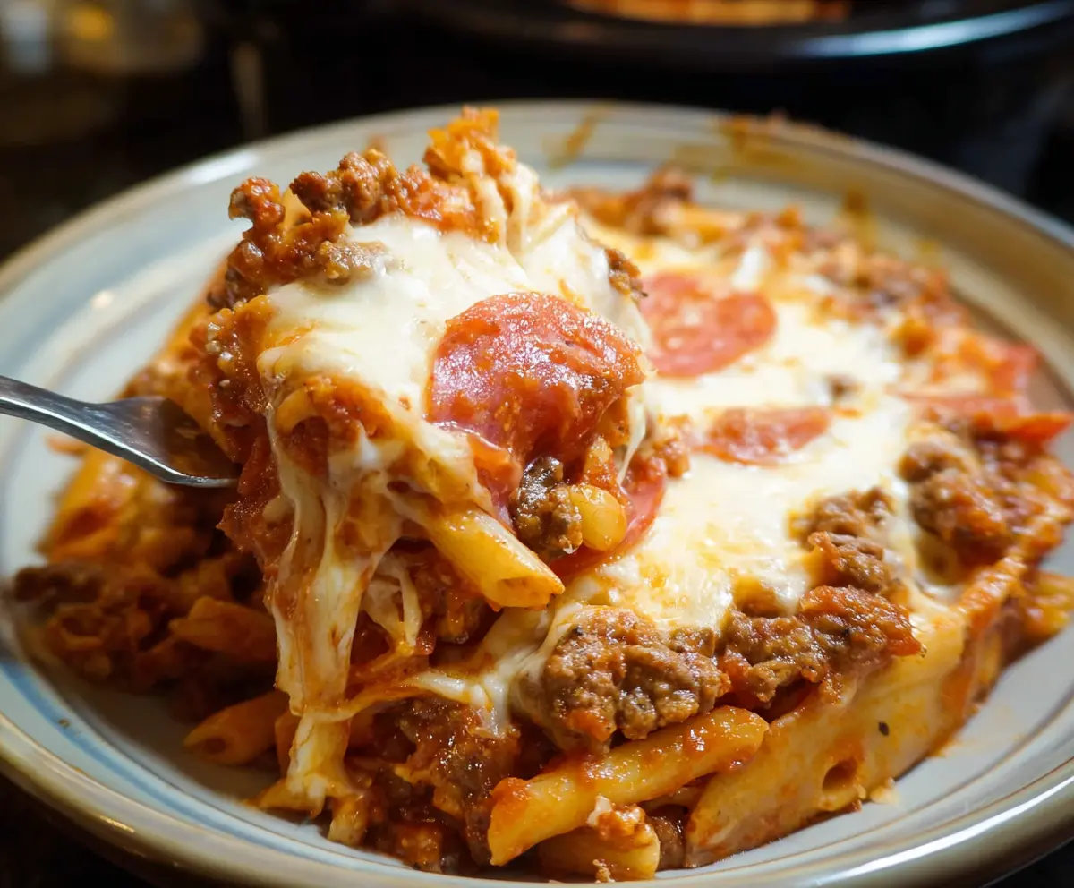 Delicious Crockpot Pizza Casserole topped with melted cheese and pepperoni, served in a cozy kitchen setting.