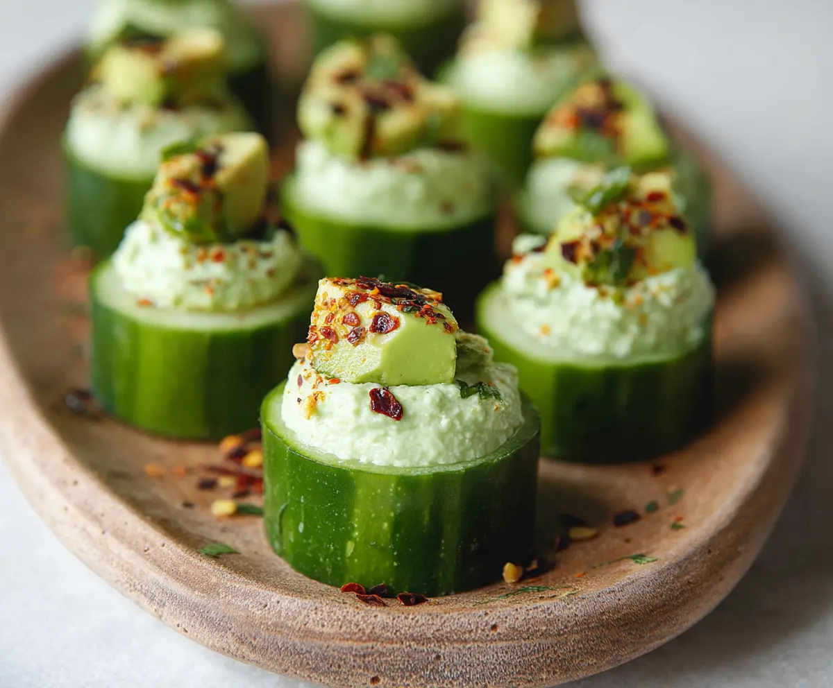 Fresh cucumber and creamy avocado bites garnished with herbs, perfect for a healthy snack.