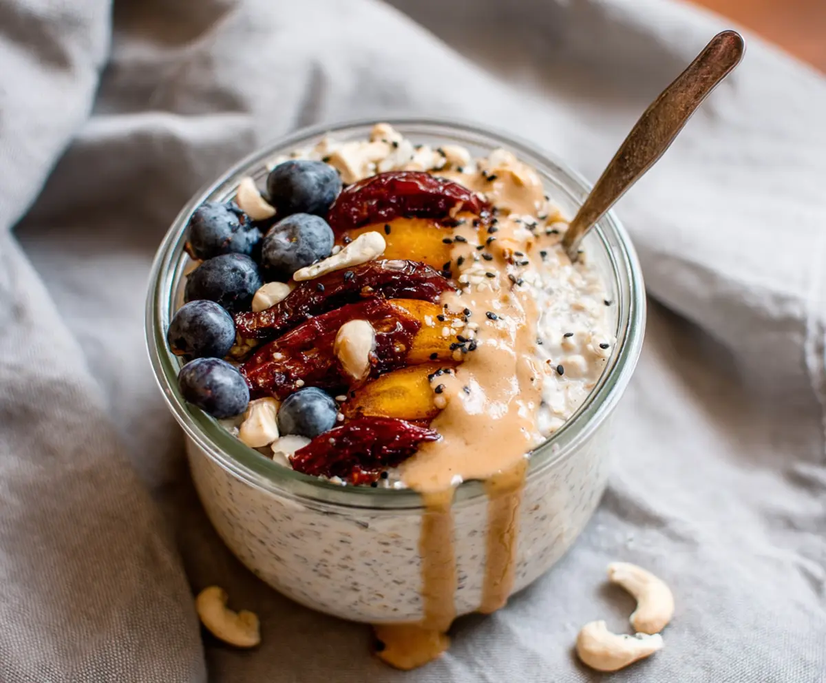 Healthy Date and Tahini Overnight Oats in a glass jar with fresh dates and sesame seeds