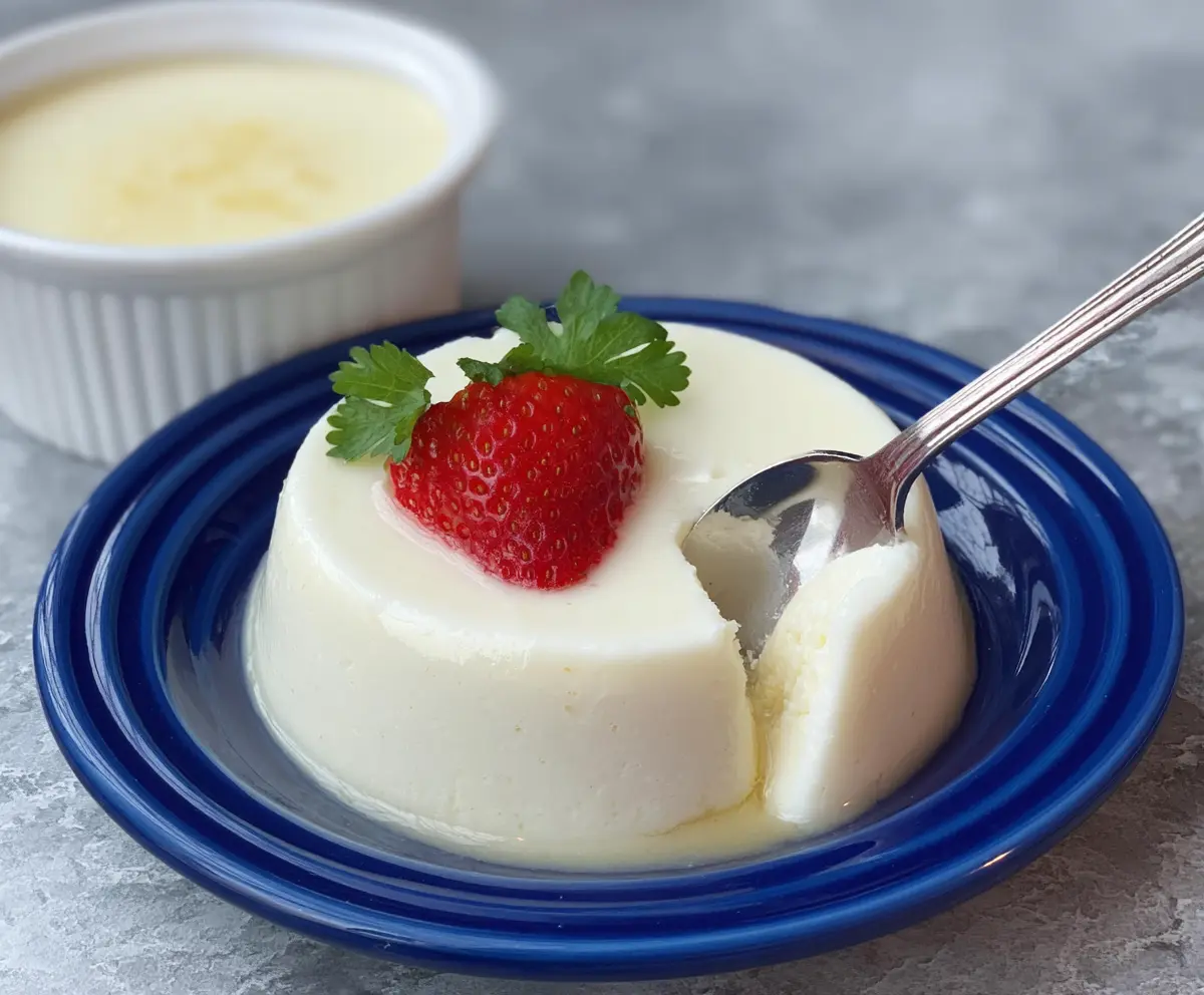 Creamy egg white pudding garnished with fresh berries and mint, perfect for a healthy dessert.