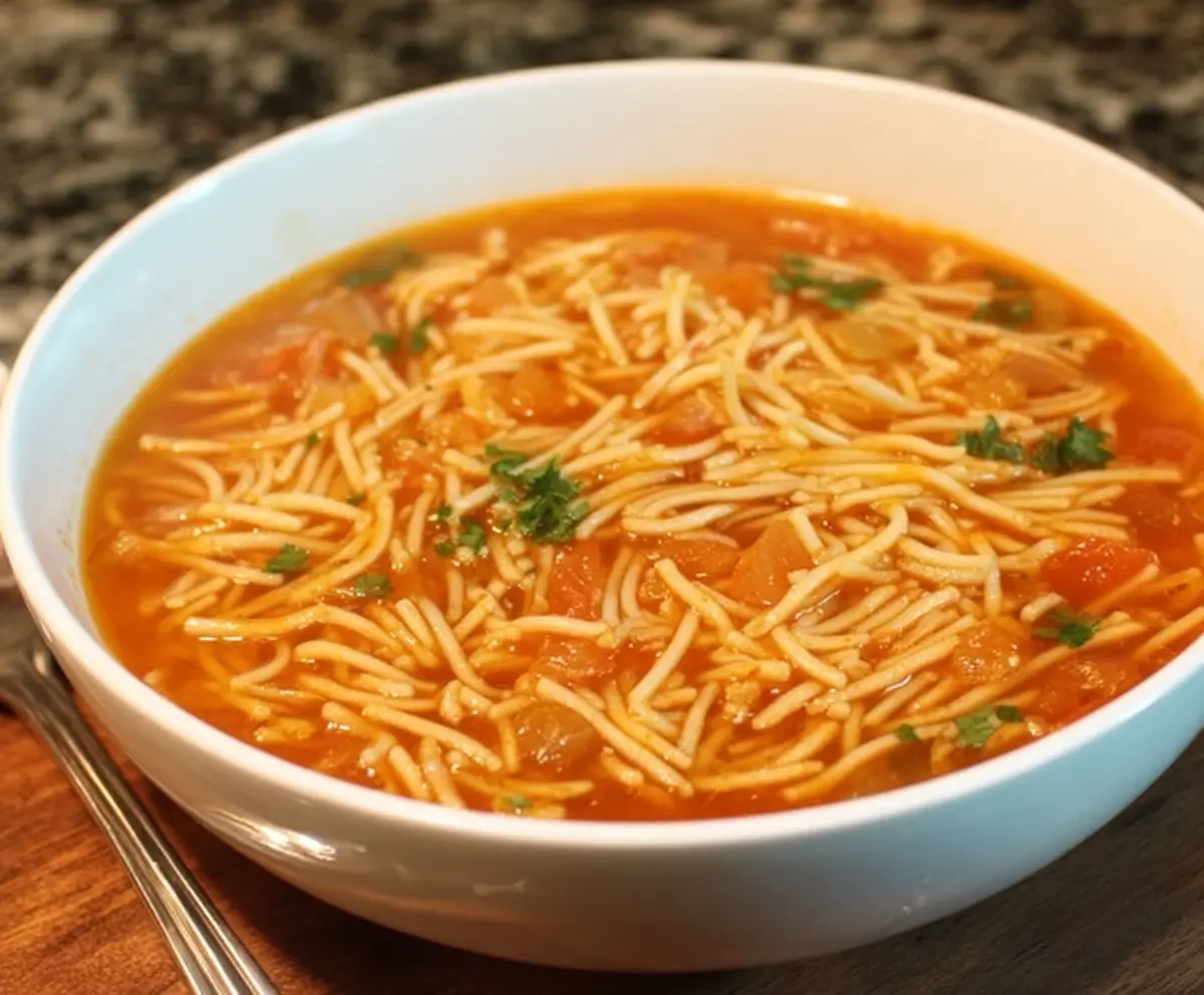Delicious Fideo Pasta Soup in a bowl with fresh herbs and vegetables