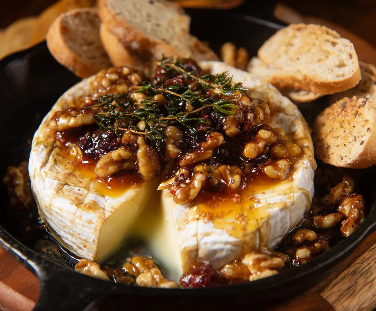 Delicious Fig Walnut Baked Brie cheese dish garnished with fresh figs and walnuts.