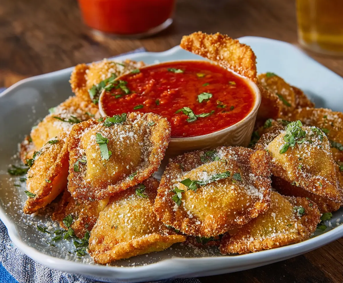 Delicious fried ravioli served with marinara sauce, perfect for snack or appetizer.