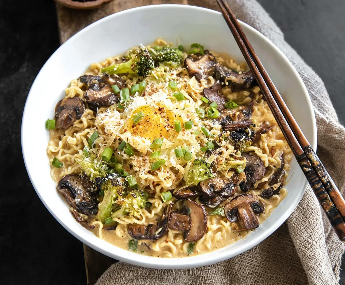 A steaming bowl of Garlic Parmesan Ramen topped with fresh herbs and grated cheese.
