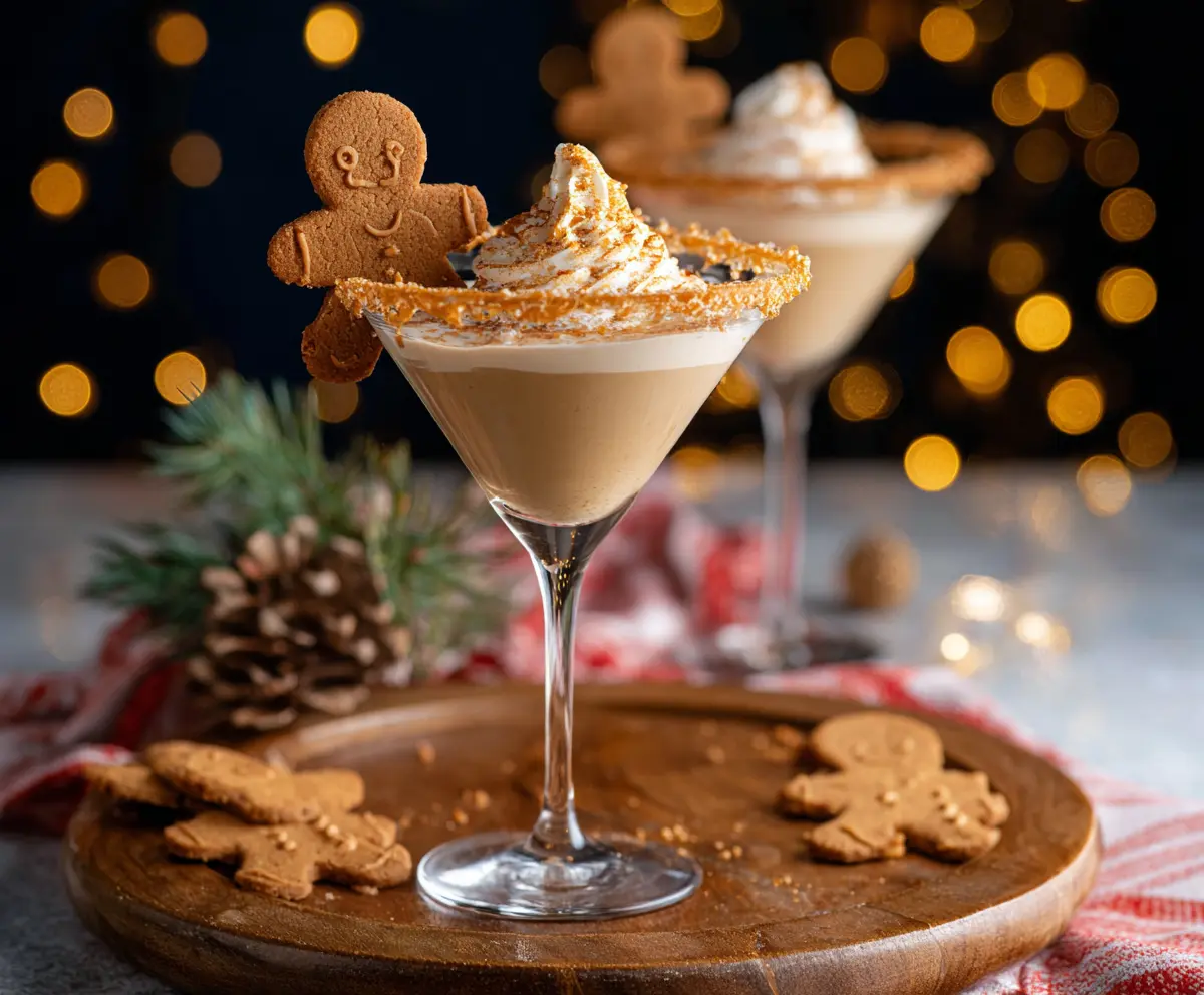 Delicious Gingerbread Martini served in a elegant cocktail glass, garnished with a cinnamon stick and gingerbread cookie.