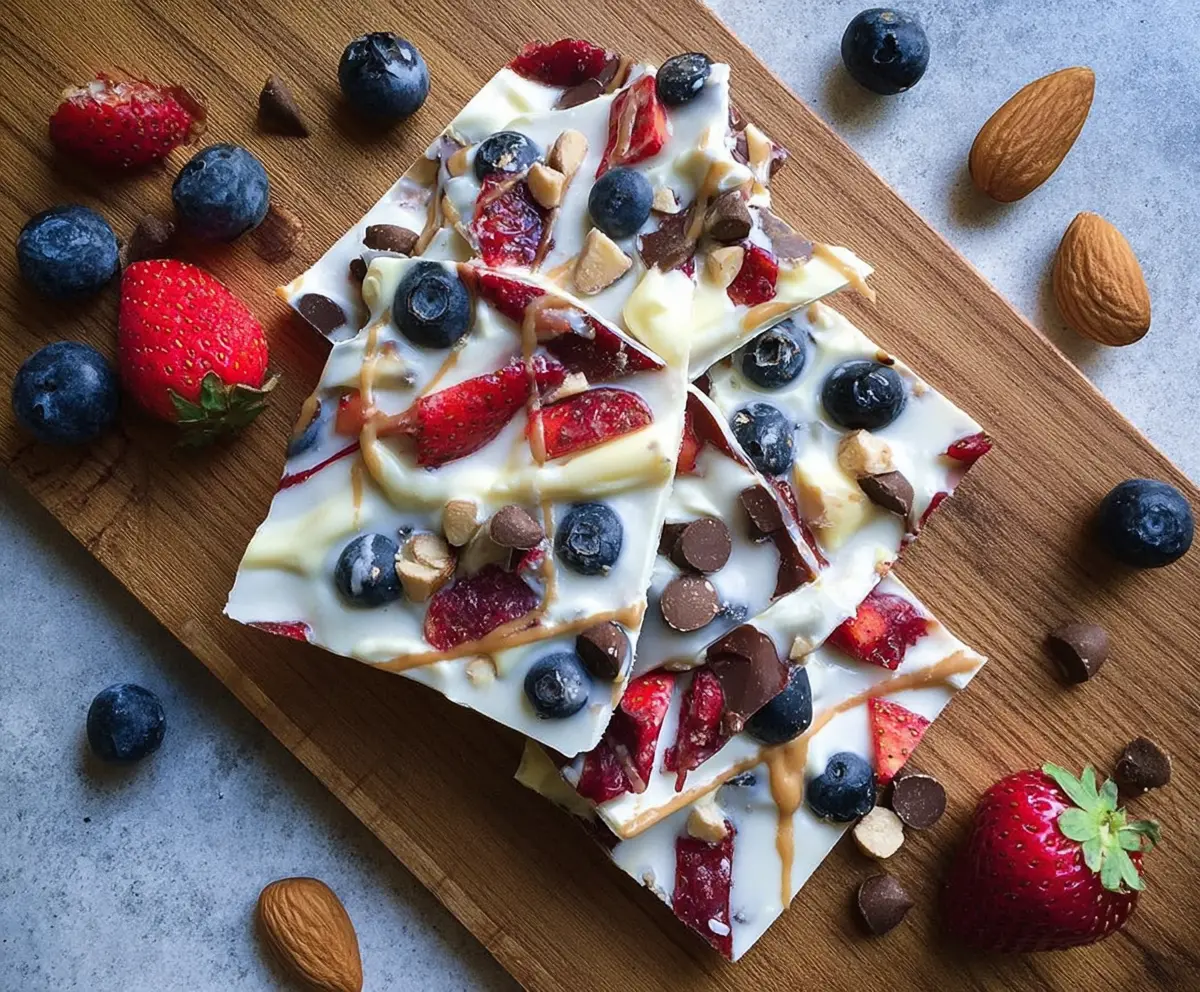 Healthy Greek Yogurt Protein Bark with Nuts and Honey on a white plate