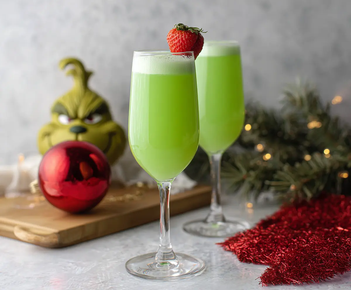 Festive Grinch Mimosa with green drink in a clear glass garnished with a lime wedge for holiday celebration.