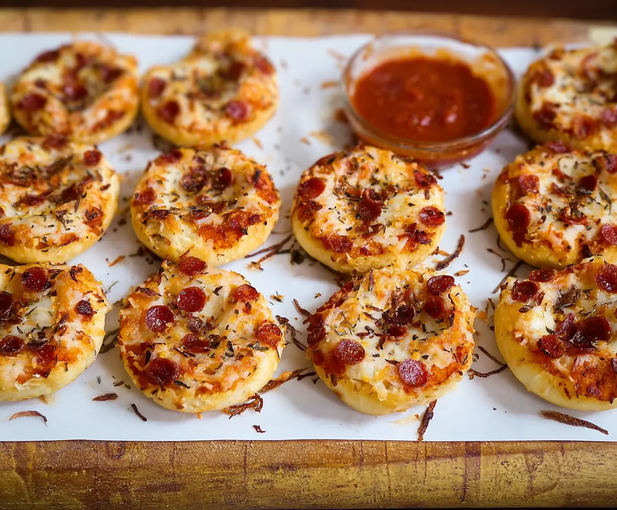 Delicious homemade Bagel Bites with melted cheese and toppings on a plate.