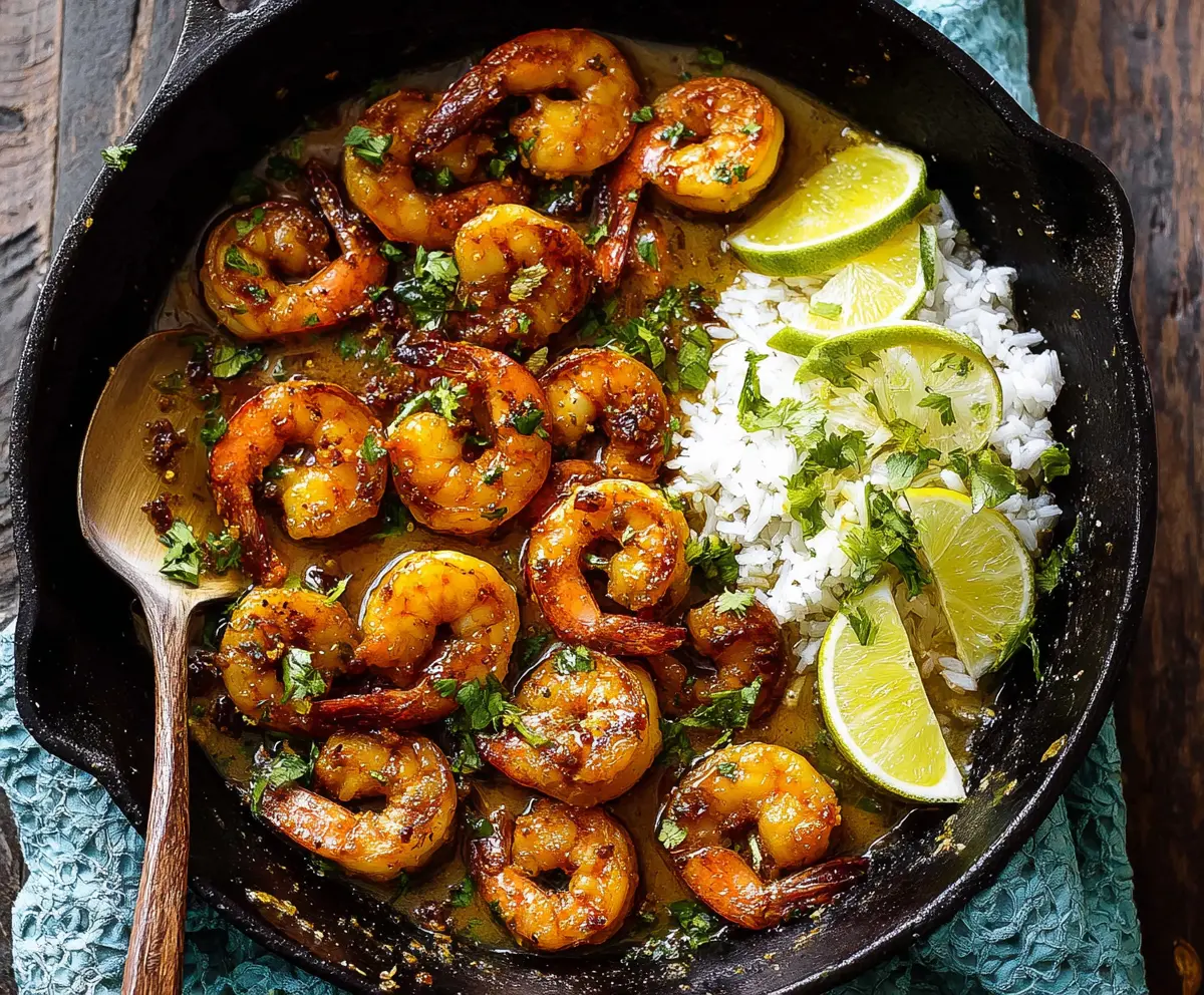 Juicy garlic butter honey shrimp served on a plate with fresh herbs.