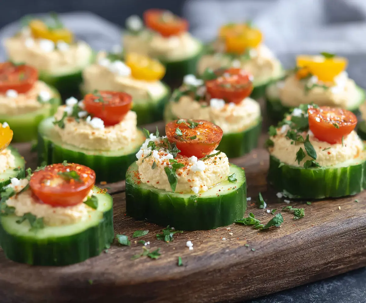 Delicious hummus cucumber bites with fresh herbs, perfect as a healthy appetizer.