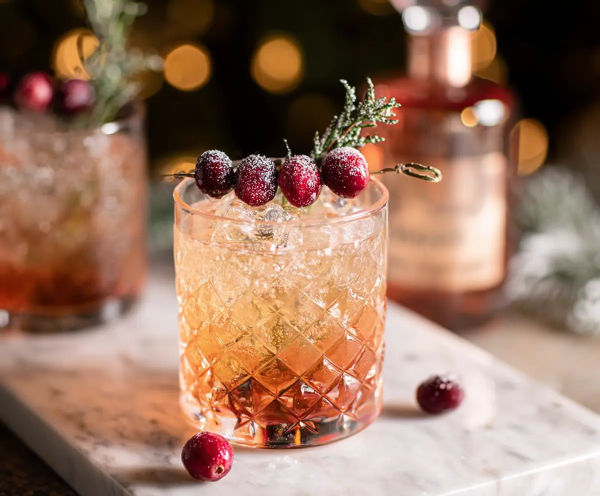 Festive Kris Kringle's Jingle Batch Cocktail in a decorative glass with holiday garnishes.