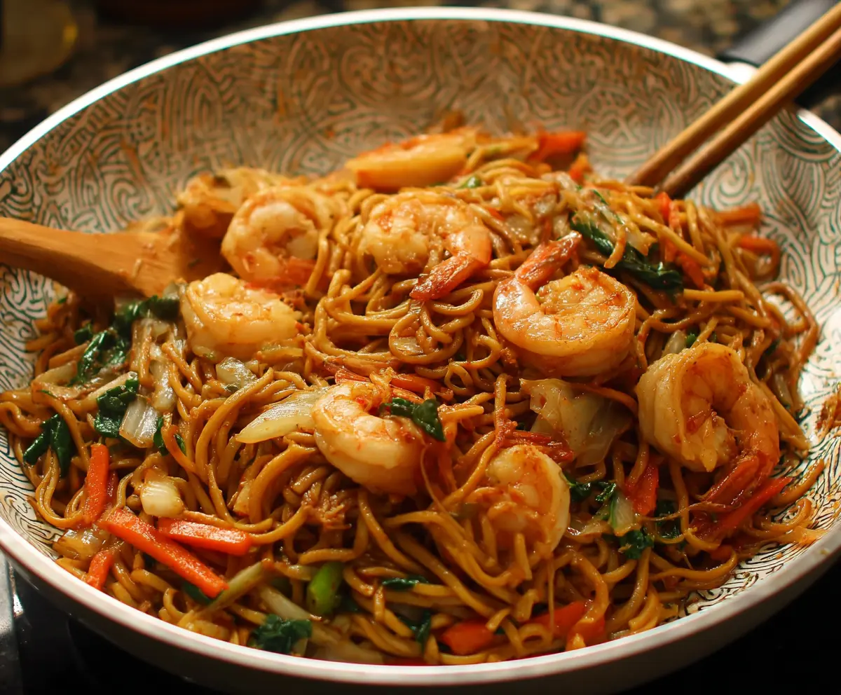 Delicious shrimp Lo Mein featuring stir-fried noodles and fresh vegetables