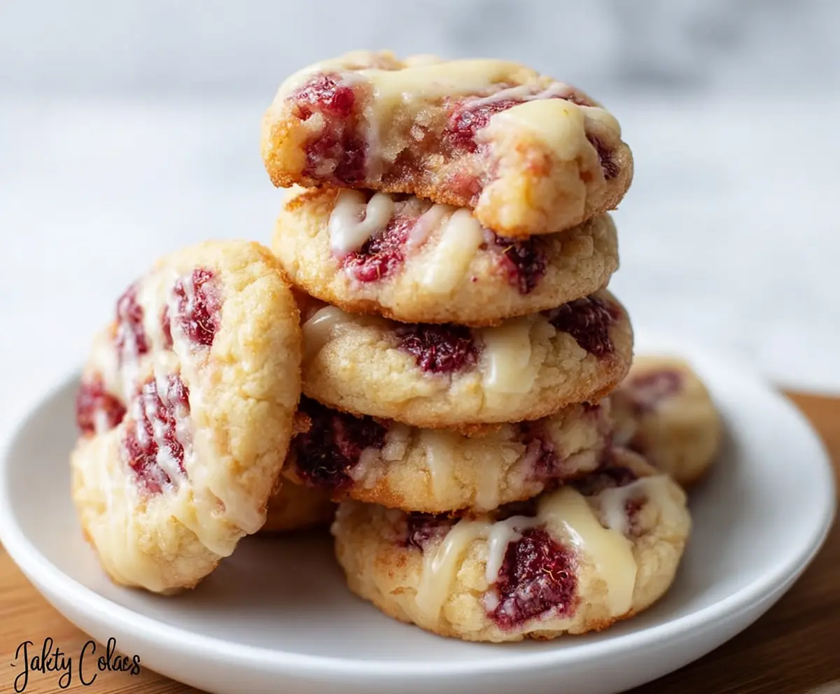 Delicious low carb raspberry cheesecake cookies on a white plate, highlighting their creamy filling and berry topping.