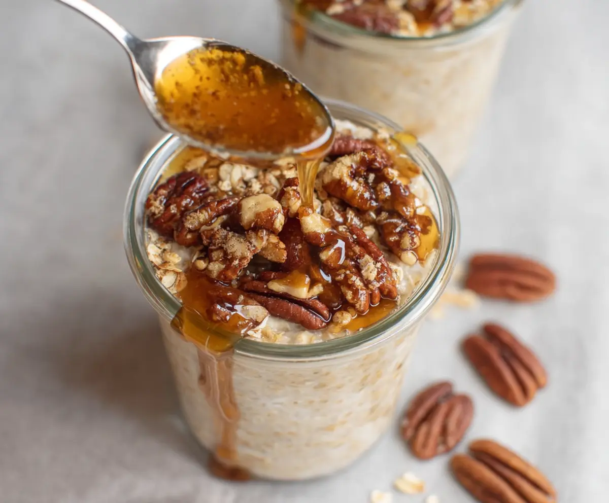 Creamy Maple Praline Overnight Oats topped with toasted pecans and a drizzle of maple syrup for a delicious breakfast.