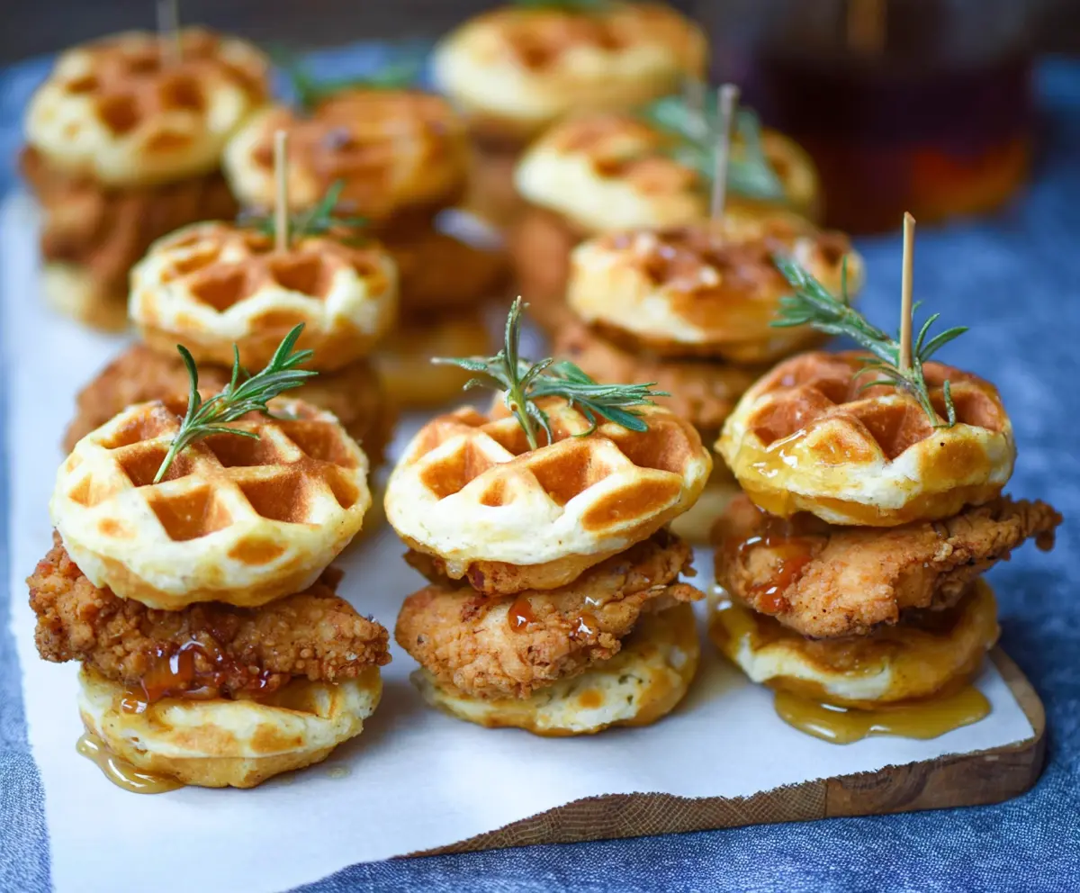 Delicious mini chicken and waffle sliders served on a plate, perfect for appetizers or brunch.