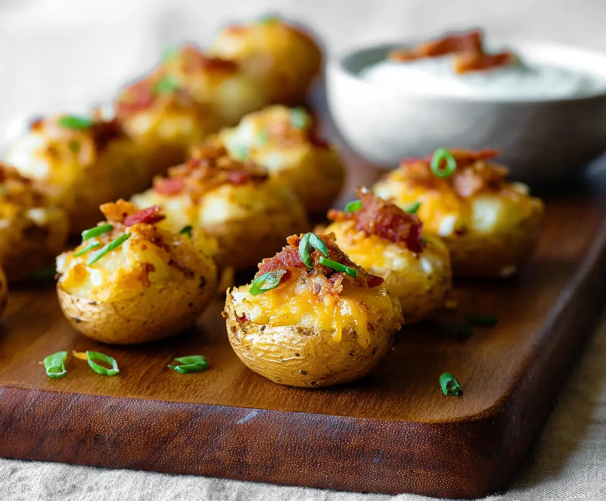 Delicious Mini Loaded Baked Potato Bites topped with cheese, bacon, and green onions on a rustic plate.