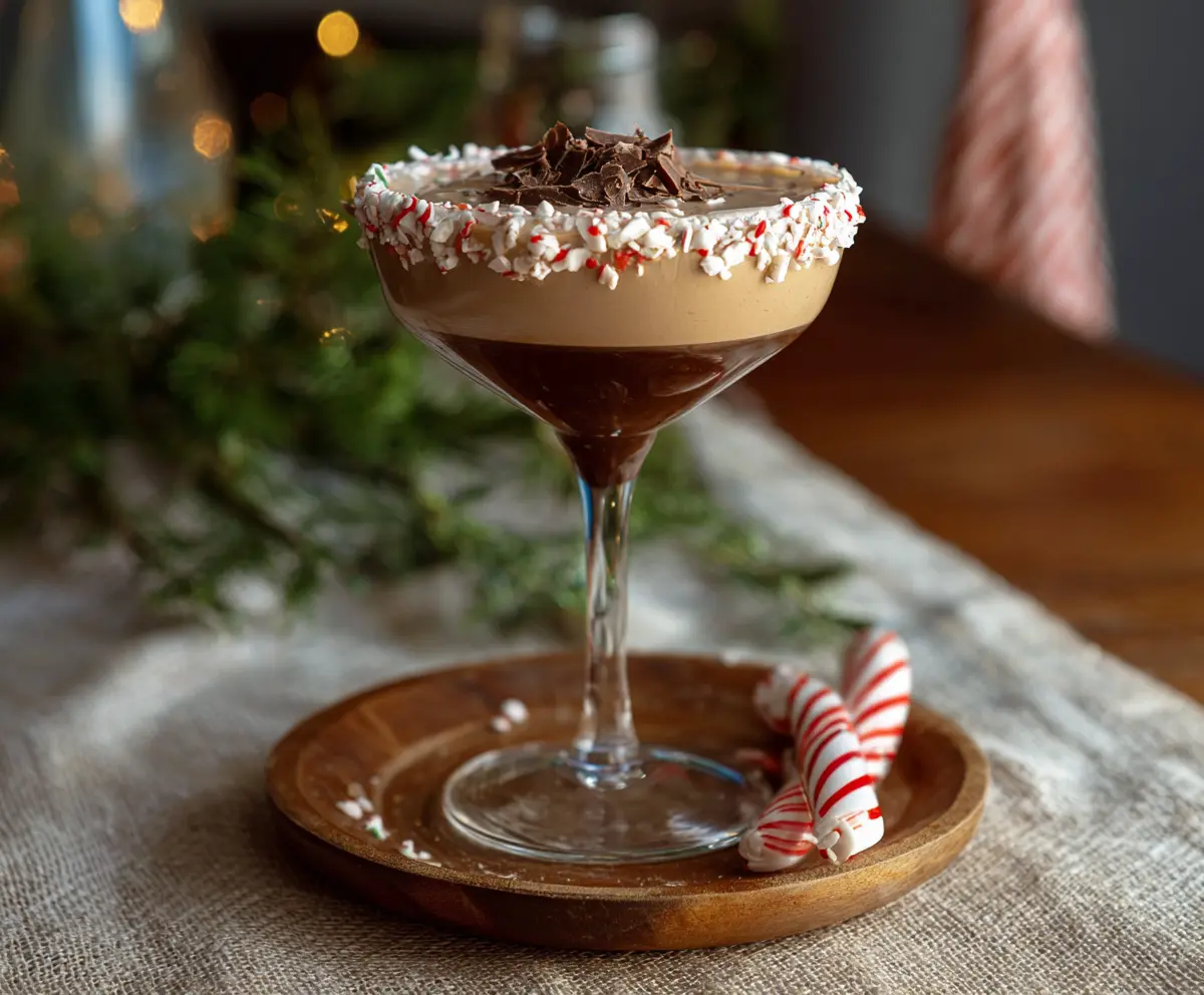 A festive Peppermint Mocha Martini cocktail garnished with peppermint and chocolate, perfect for holiday celebrations.