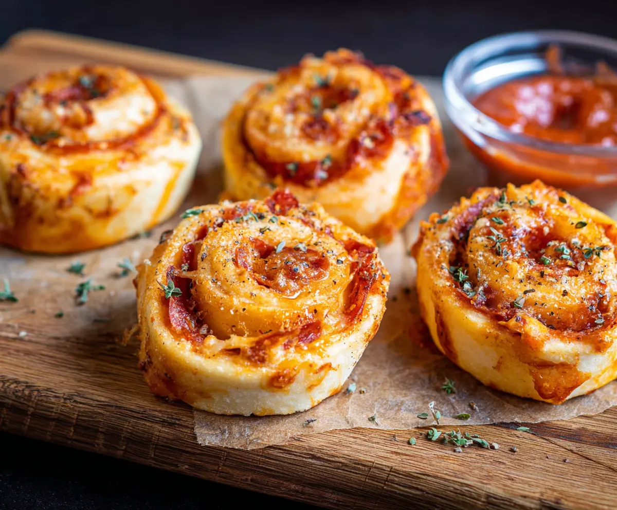 Delicious pepperoni pinwheels fresh out of the oven, showcasing crispy pastry and savory pepperoni slices.