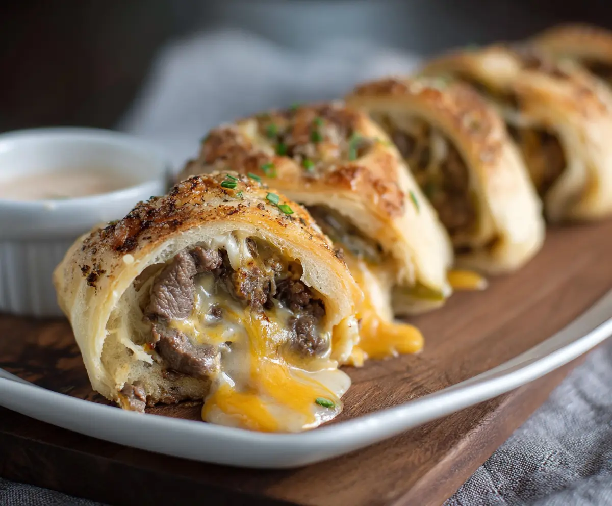 Delicious Philly Cheesesteak Roll Ups with melted cheese and tender steak in a crispy wrap