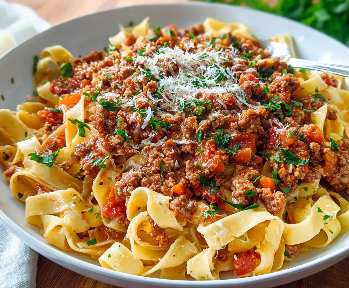 Delicious Pork Bolognese Pasta served with a rich tomato sauce and pasta.