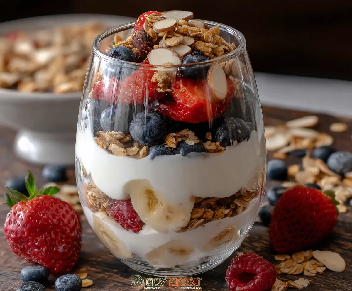 Delicious protein yogurt parfait layered with fresh fruits and crunchy granola in a glass bowl.