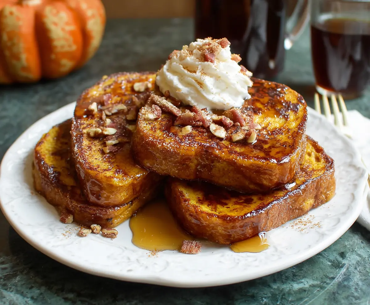 Delicious pumpkin French toast topped with whipped cream and cinnamon for a perfect breakfast.