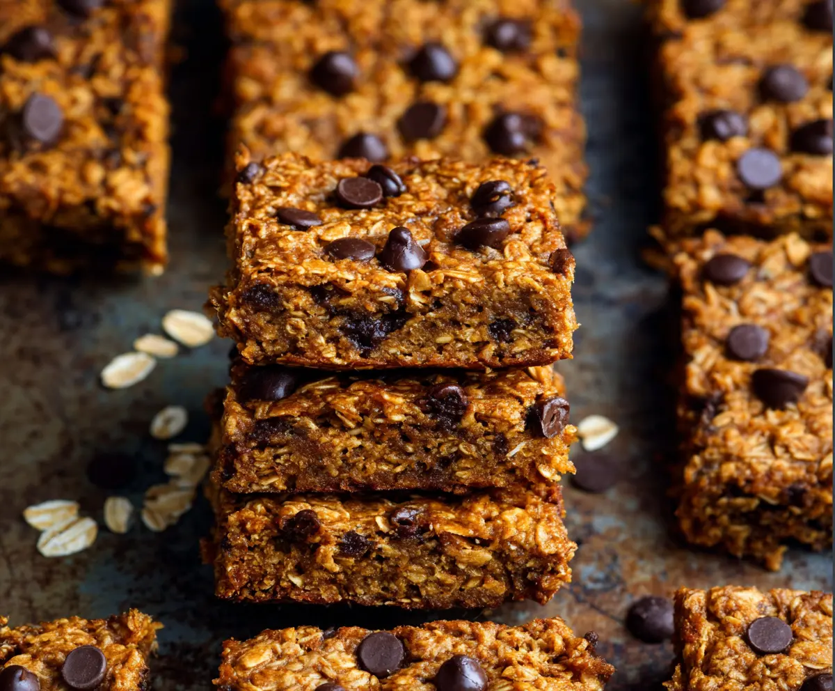 Homemade Pumpkin Oatmeal Bars with a crumbly topping on a rustic wooden surface.
