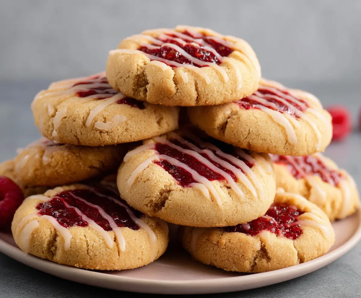 Delicious raspberry almond butter cookies on a plate, showcasing a golden-brown crust and vibrant raspberry filling.