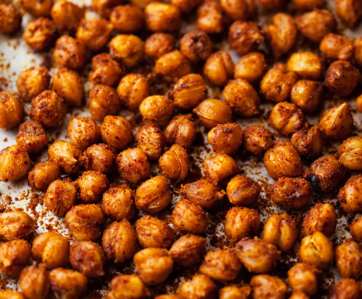 Crispy roasted chickpeas seasoned with spices, perfect for snacking and healthy eating.
