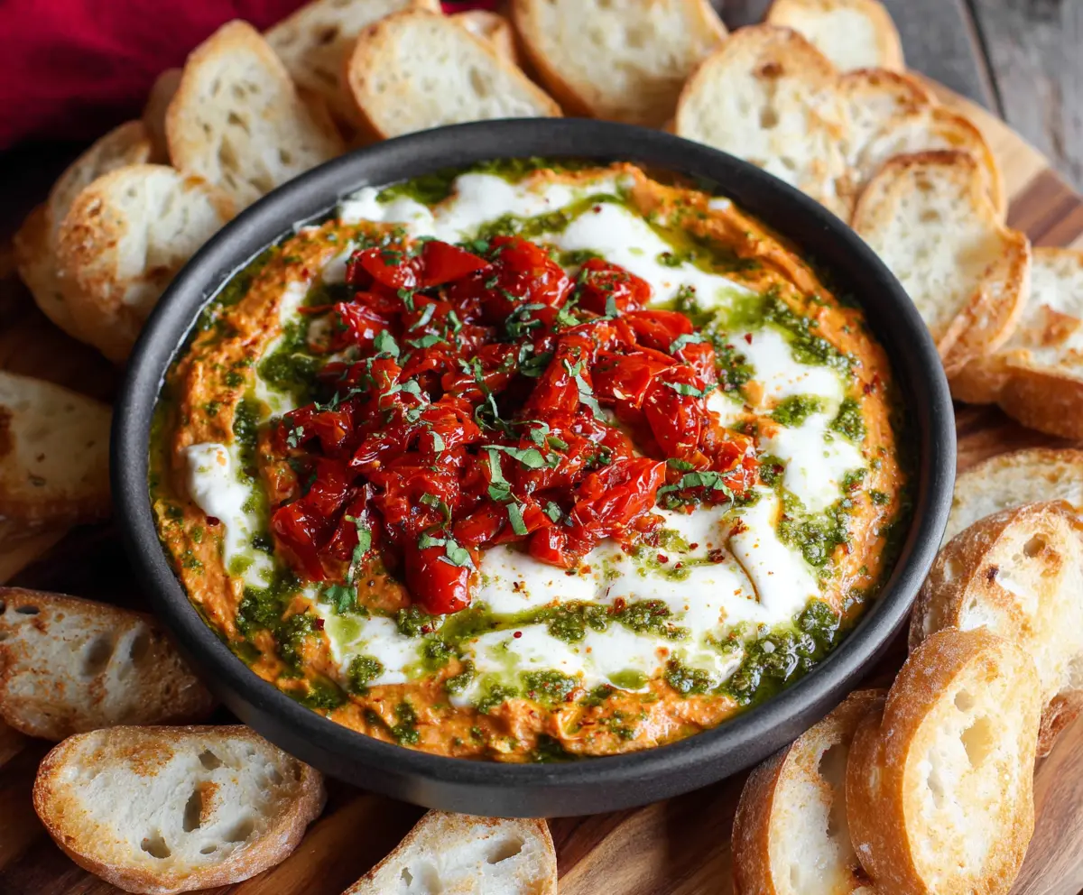 Creamy roasted red pepper goat cheese pesto dip served with fresh bread and vegetables.