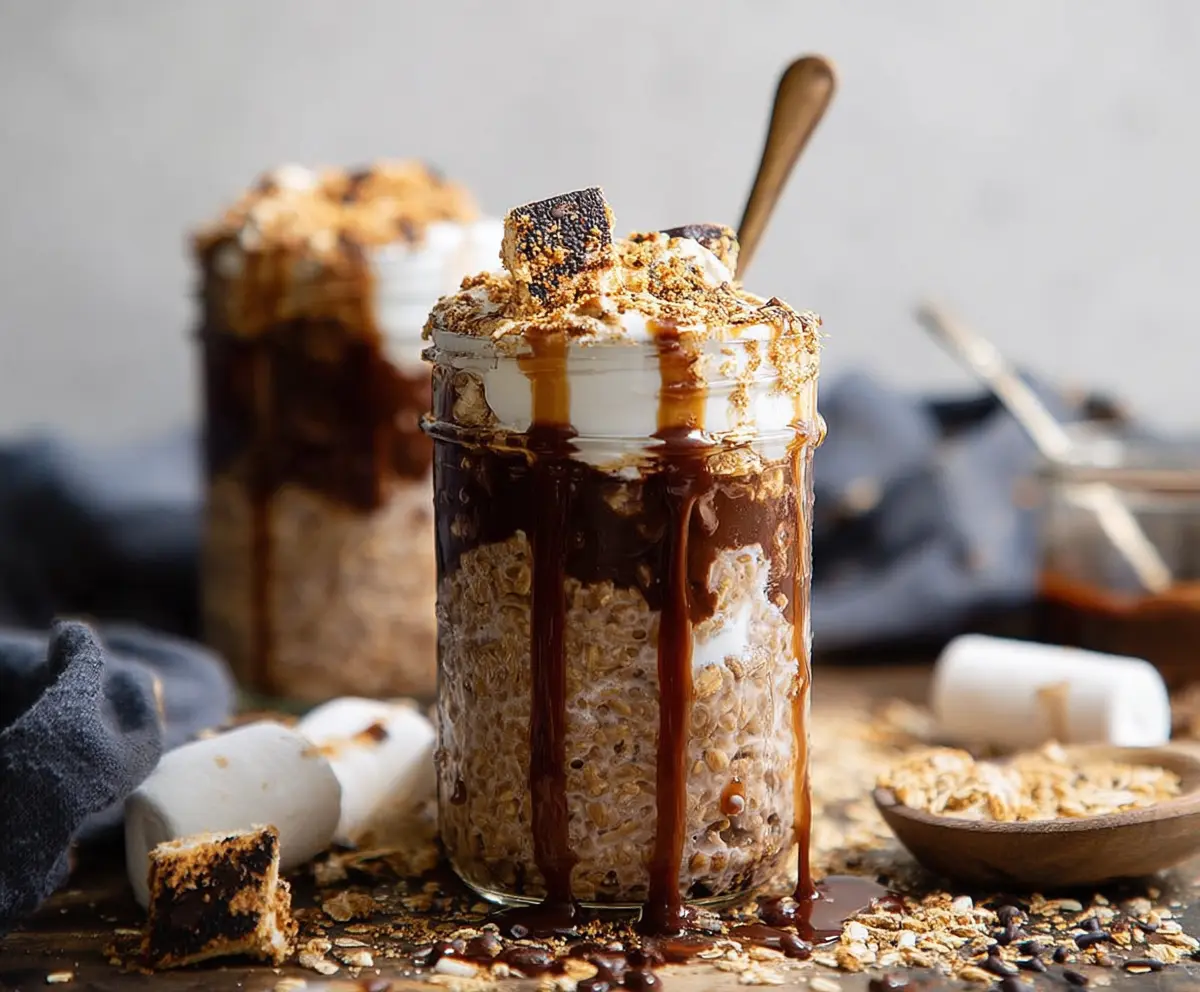 Delicious S’mores Overnight Oats topped with marshmallows and chocolate for a sweet breakfast treat