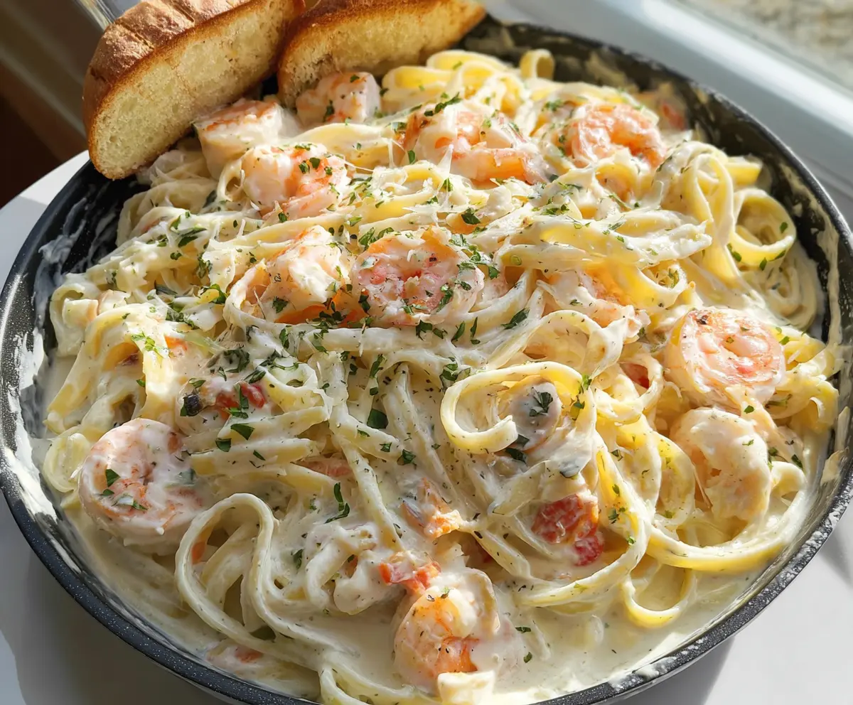 Creamy seafood Alfredo pasta with shrimp, scallops, and Parmesan cheese in a rich white sauce