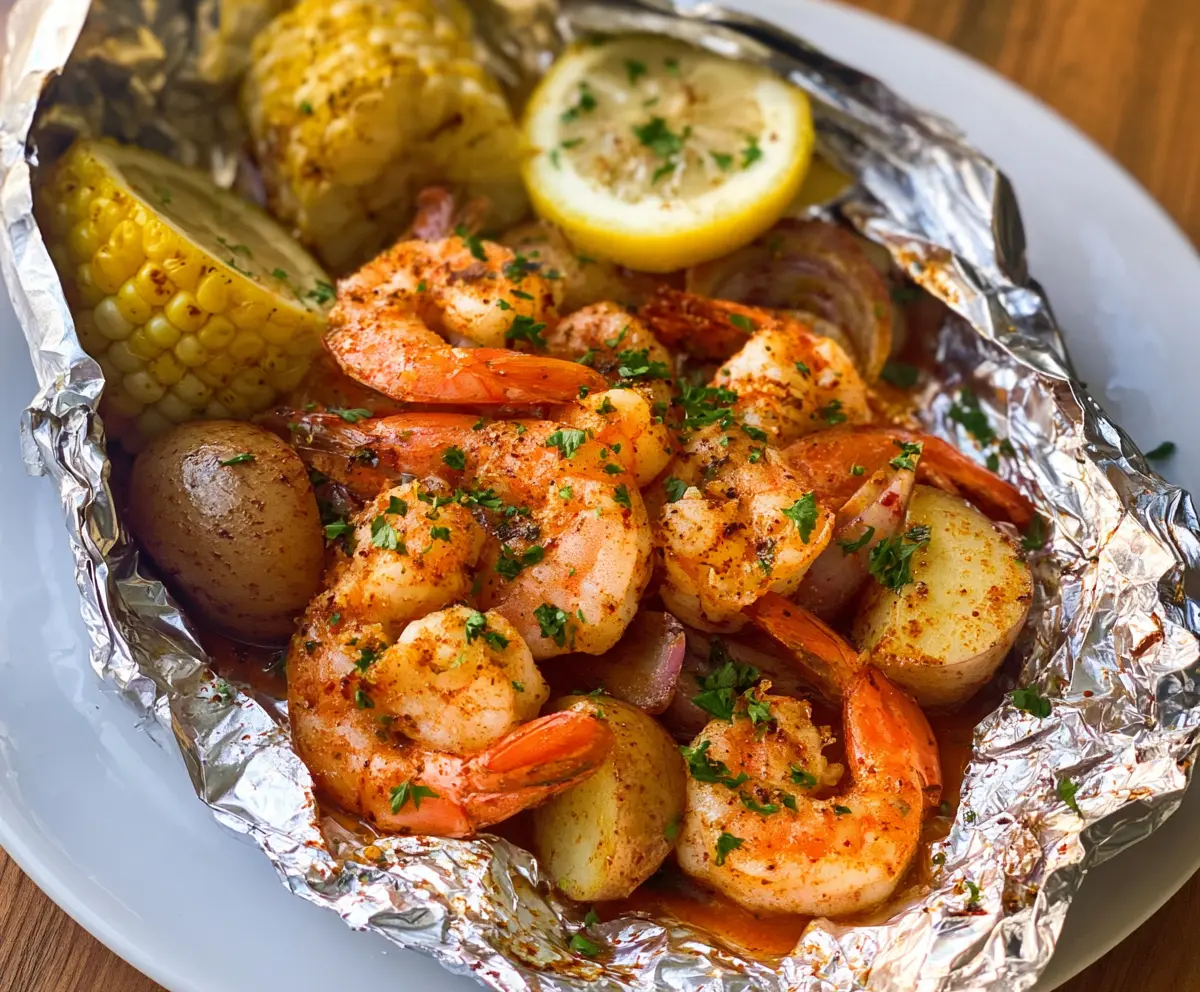 Baked shrimp foil packet with vegetables and herbs on a baking sheet