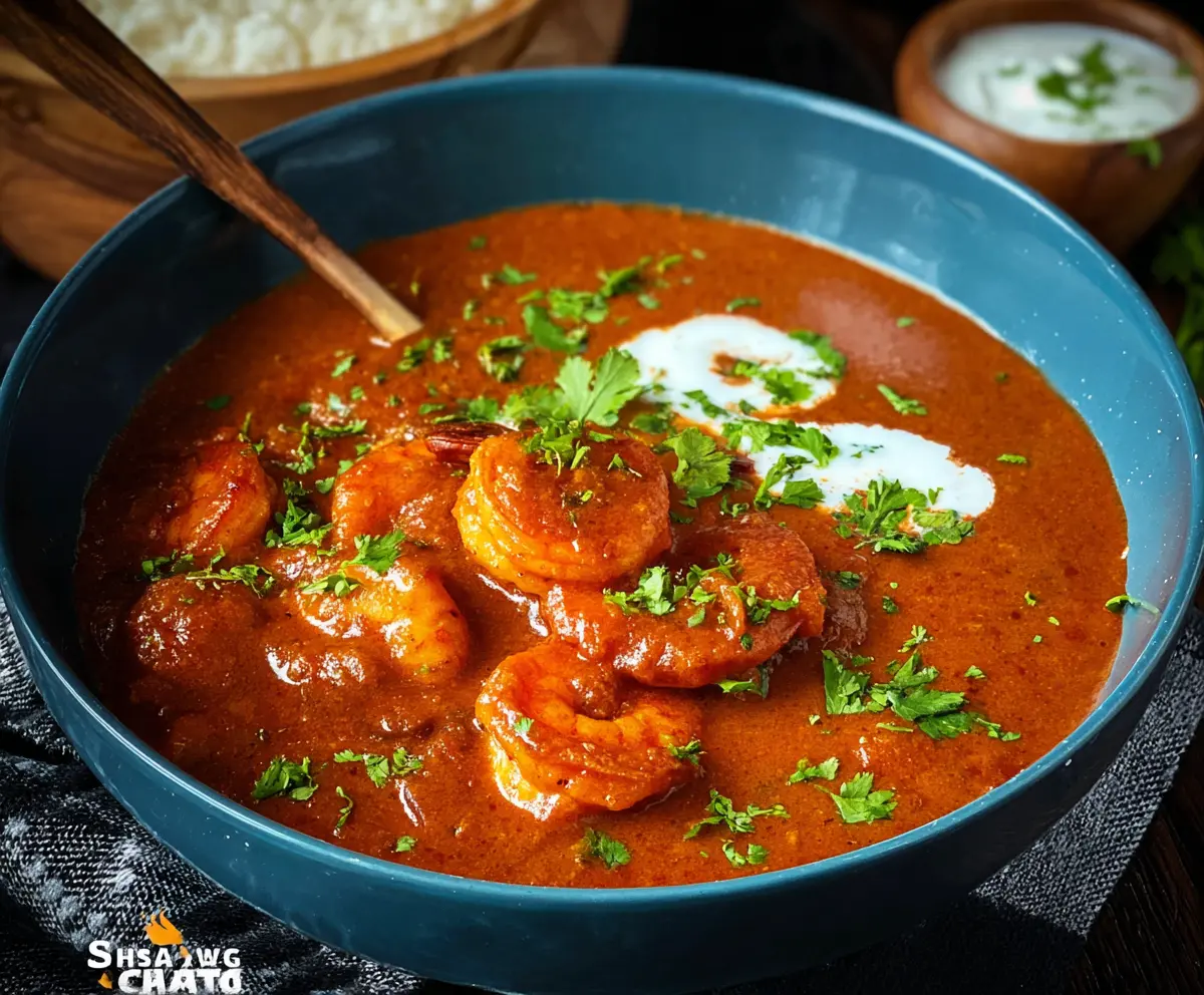 Delicious shrimp tikka masala served with rice on a plate, showcasing vibrant colors and creamy sauce.