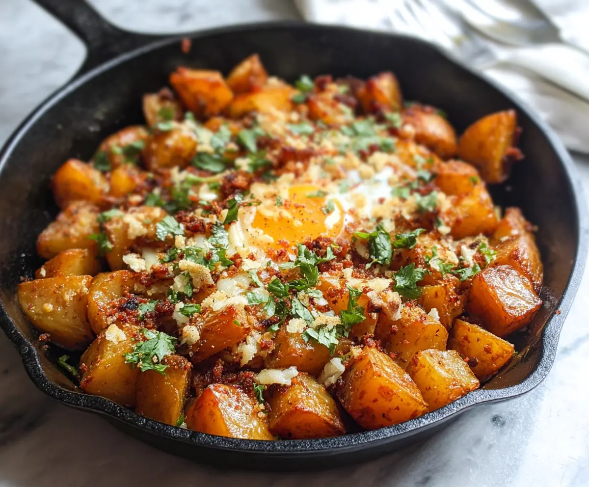 Golden crispy skillet breakfast potatoes with herbs and spices on a rustic plate.