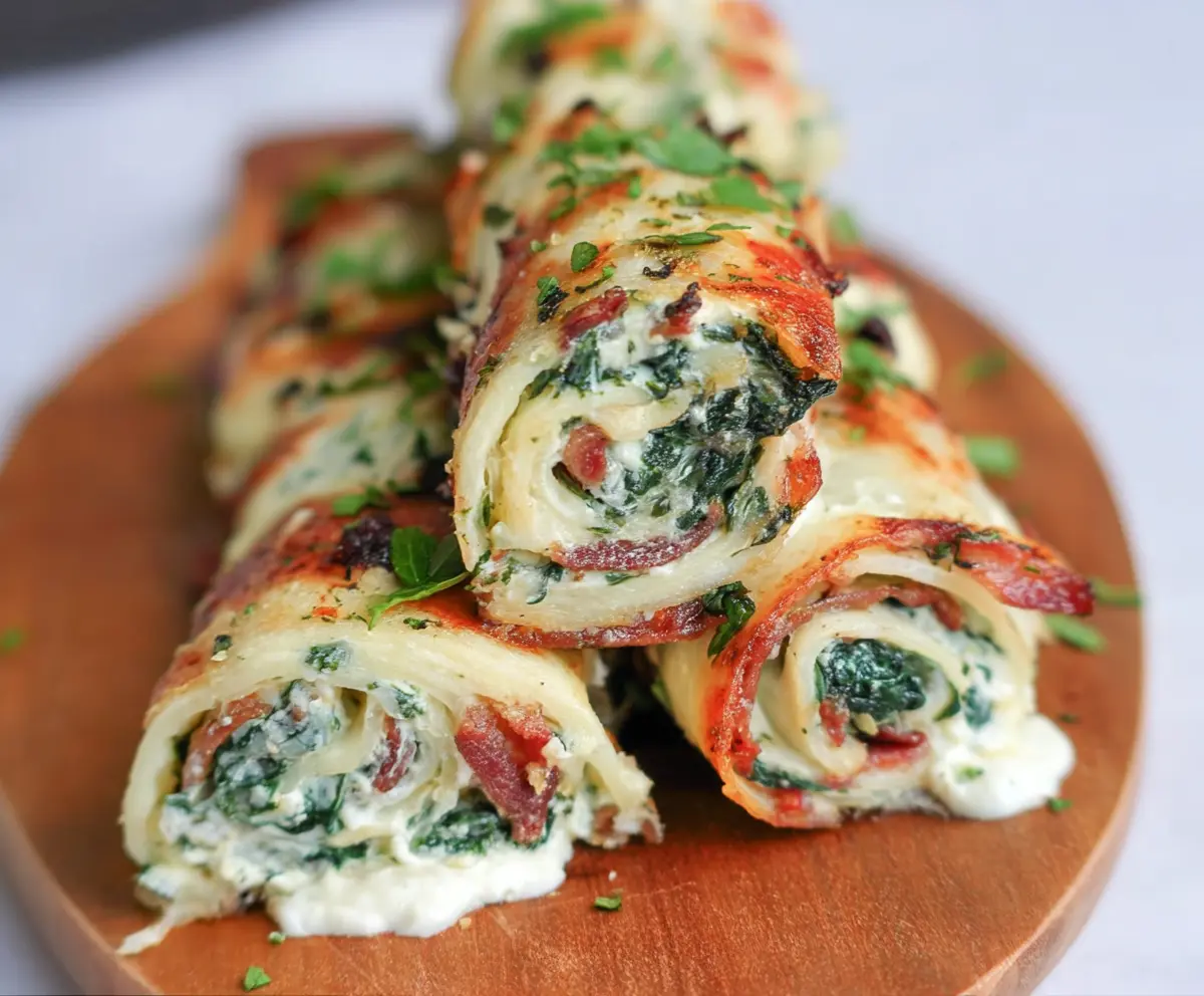 Delicious spinach and bacon cream cheese roll-ups on a platter, showcasing a savory appetizer with fresh greens and crispy bacon.