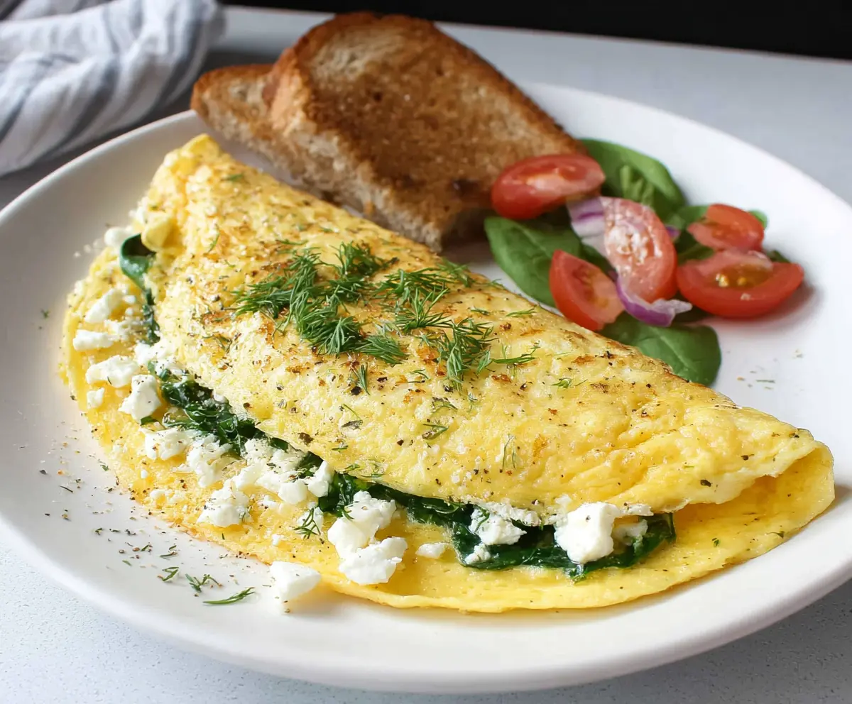 Delicious spinach and feta omelet served on a plate, perfect for a healthy breakfast.