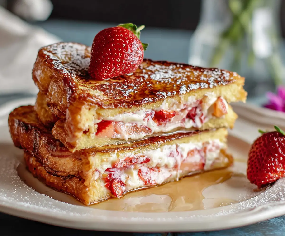 Delicious strawberry French toast topped with fresh berries and syrup, perfect for breakfast.