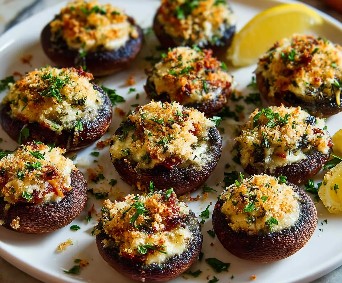 Delicious stuffed mushrooms topped with melted cheese and herbs, a perfect appetizer.